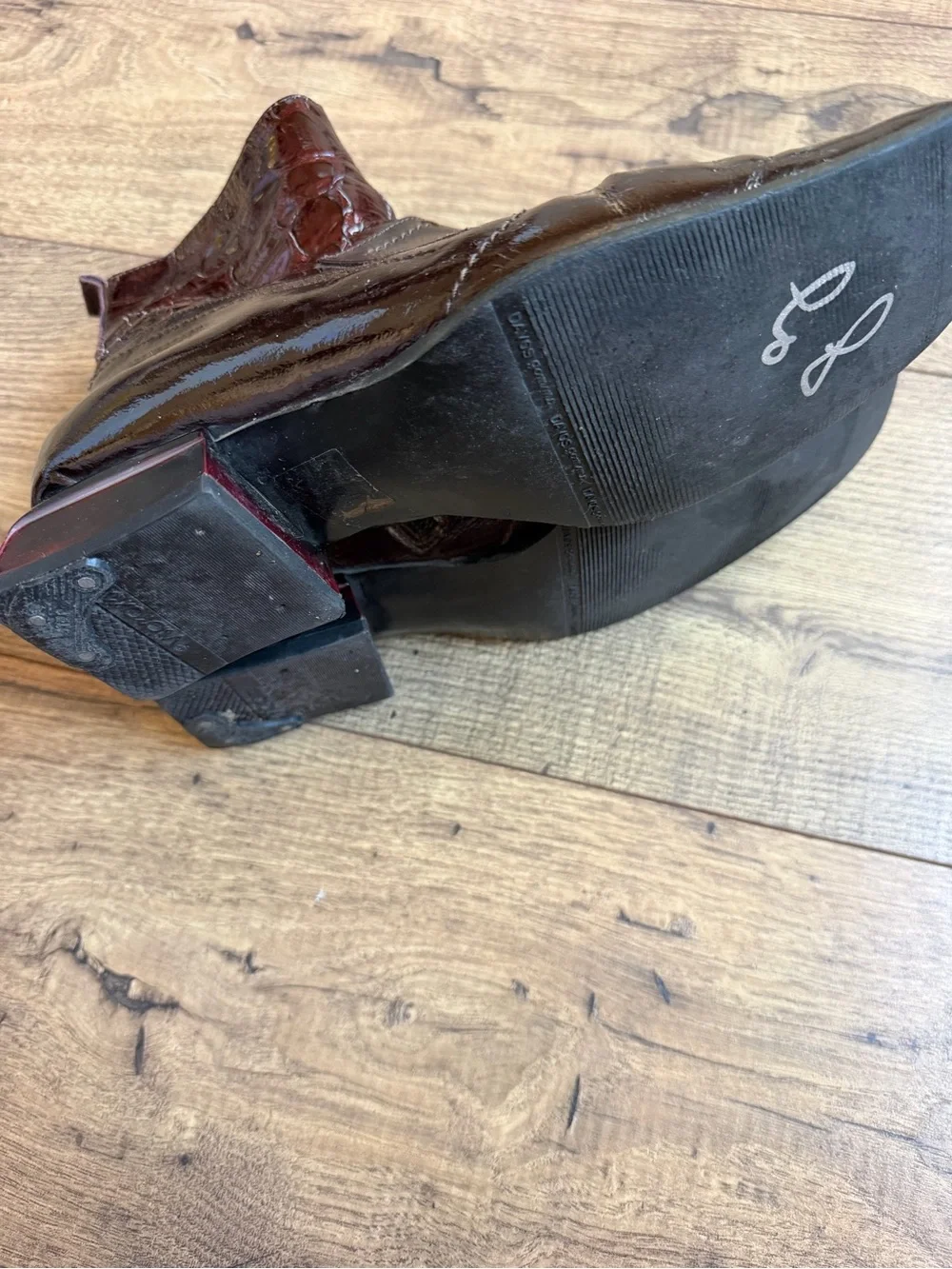 Vintage 90s Italian Patent Leather Shearling Boots Geometric Heel Vibram fits 7